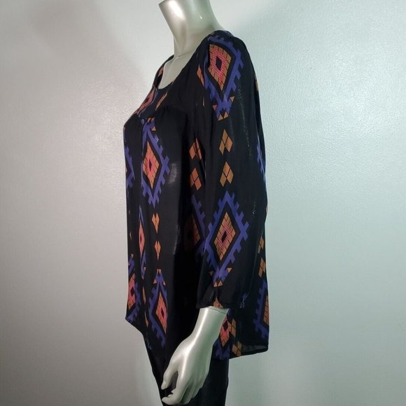 Lucky Brand Top Plus‎ Sz 1X Southwestern Print Lightweight Casual Pullover Black - Picture 3 of 5